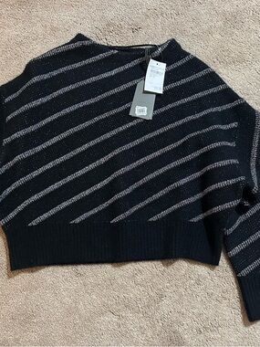 AllSaints Black Crewneck Sweater with Silver Diagonal Stripes